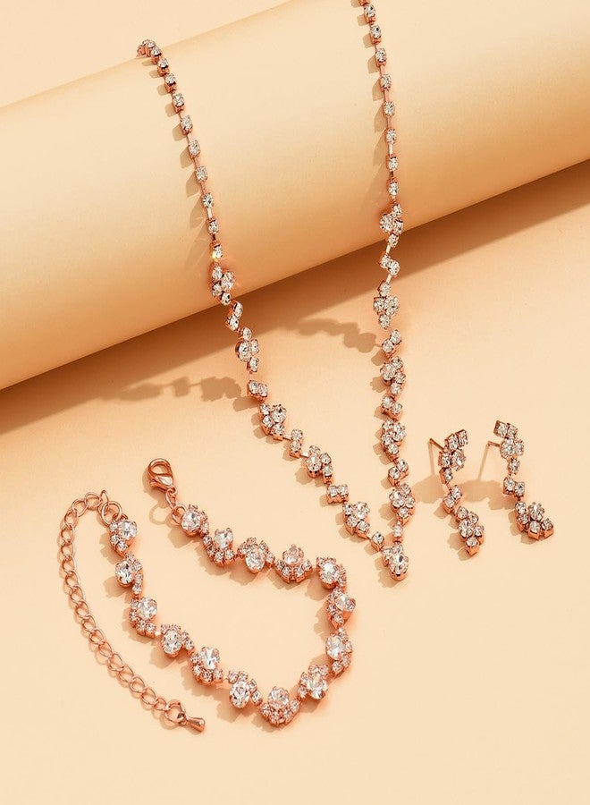 Cicod Prom Earrings Necklace Bracelet Set Elegant Crystal Necklace Earrings Bracelet Bridal Wedding Rose Gold Prom Costume Jewelry Sets for Women - Image 5